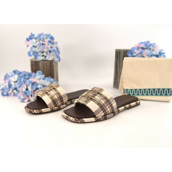 Tory Burch Cream Black Yellow Plaid Leather Double T Padded Sport Slide Sz 7 NIB